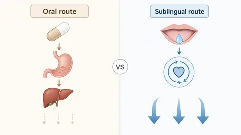 Diagram comparing oral capsule absorption through stomach and liver versus sublingual liquid drop absorption into circulation